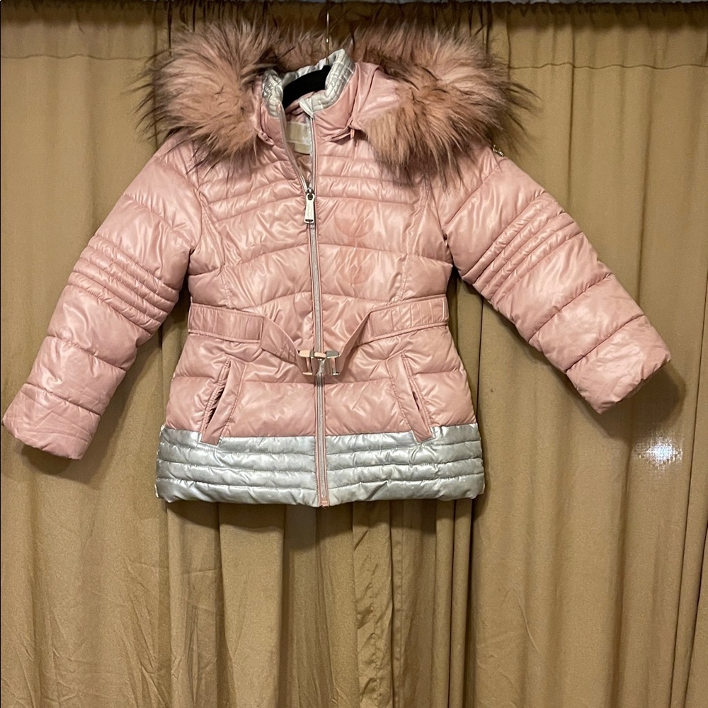 Kids Pink and Silver Puffer Jacket with Faux Fur